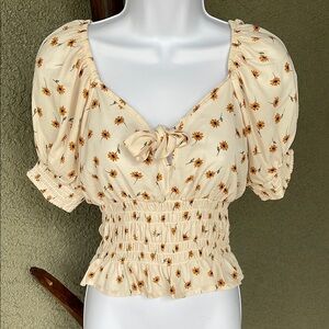 No.151 Sienna Sky Cream Puff Sleeve Blouse with Smocked Tie Front Size Small